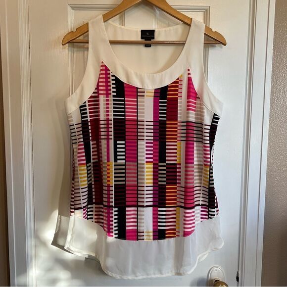 Worthington Pink and White Sleeveless Tank Top with Graphic Asymmetrical Design - Picture 1 of 5